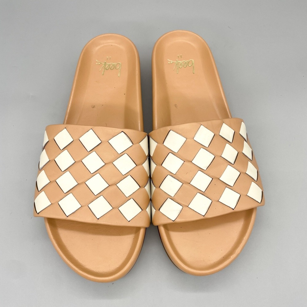 Beek Pelican Slide Sandals Womens 11 Tan Cream Woven Leather Platform Coastal